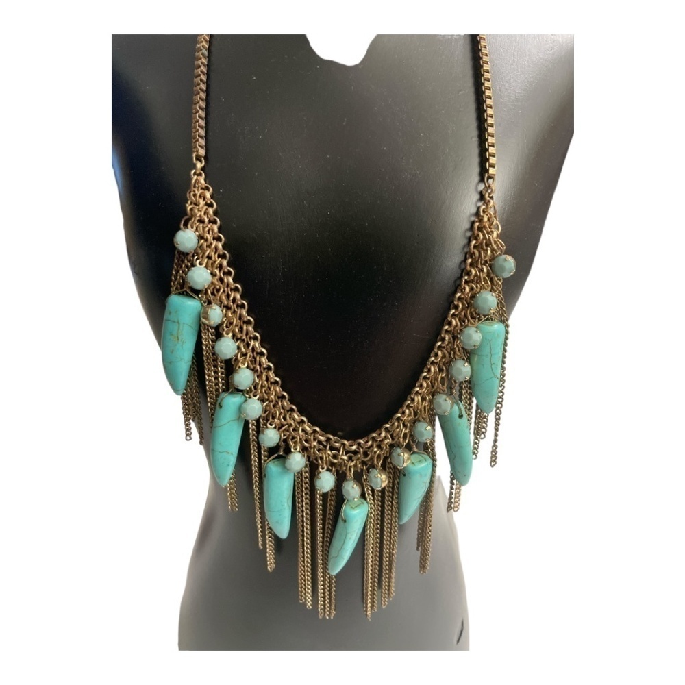 1980s Turquoise Tassel Statement Necklace, Vintage Boho Chic Jewelry